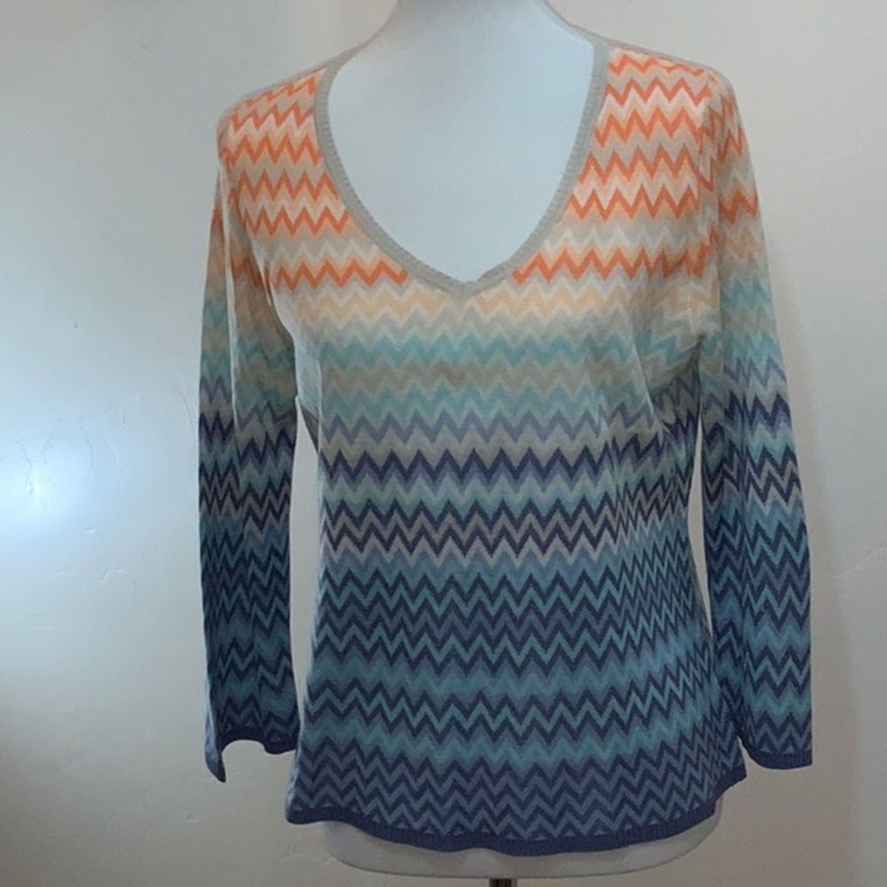 Sigrid Olsen Silk Rayon Zig Zag Pattern Pullover V Neck Top Petite Large Modern